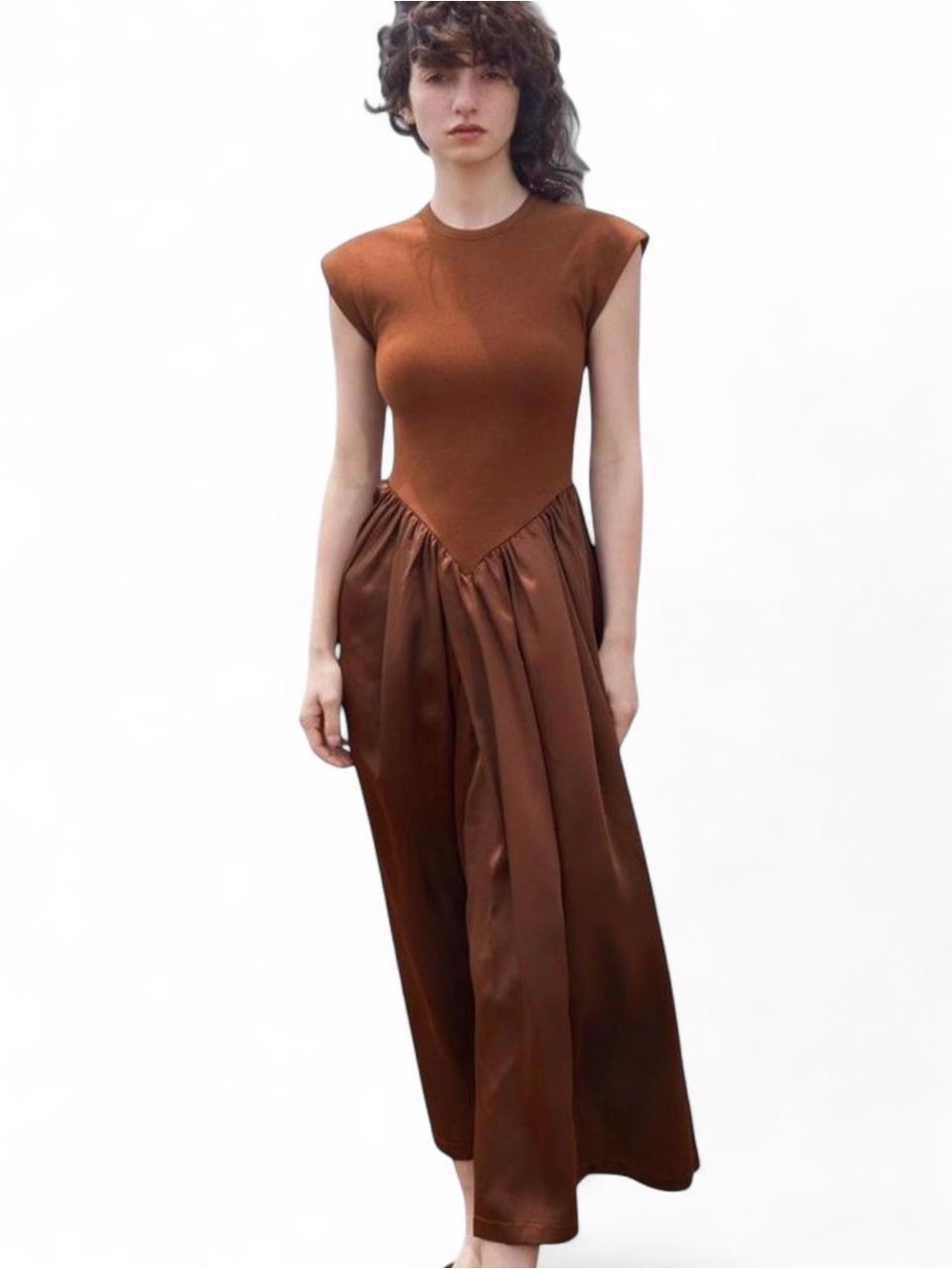 Ancosti Brown Patchwork Cap Sleeve Maxi Dress